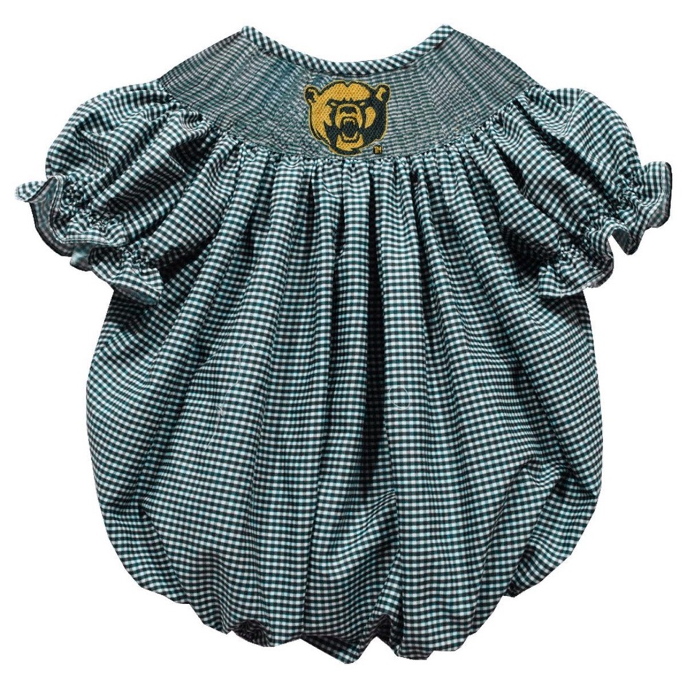 Baylor Bear Smocked Hunter Green Gingham Short Sleeve Girls Bubble